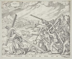 Der Mensch nimmt das Kreuz auf seine Schultern und folgt Christus von Johannes Wierix