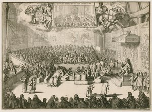 Eine Sitzung im Unterhaus mit Georg II. auf dem Thron von Johannes and Mortier, Cornelis Covens