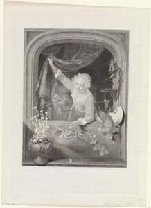 Frau mit Korb mit Früchten in der Hand am Fenster