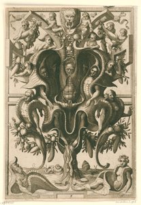 Muschelartiges Ornament, in dem Figuren gefangen sind von Johannes of Lucas van Doetechum