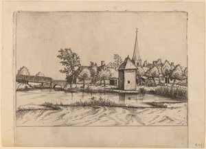 Dorf mit Kirche und Brücke von Johannes van Doetechum, the Elder and Lucas