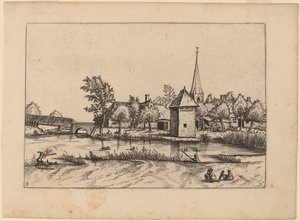 Dorf mit Kirche und Brücke von Johannes van Doetechum, the Elder and Lucas