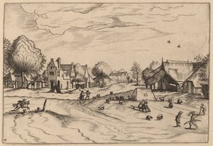 Dorf mit Schafen und sitzendem Hirten von Johannes van Doetechum, the Elder and Lucas