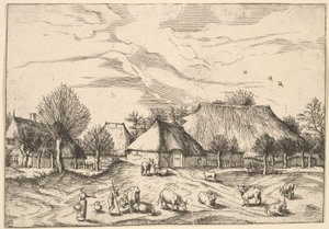 Bauernhöfe, Vieh mit Hirten und Milchmädchen im Vordergrund aus Multifariarum casularu..., 1559-61 von Johannes van Doetecum I