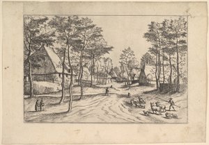 Dorfstraße, Vieh, Schafe und Hirte im Vordergrund aus Praediorum villar..., ca. 1559-61