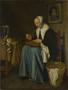 Eine alte Frau beim Nähen, 1655 von Johannes van der Aeck