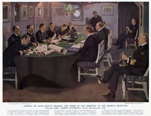 Admiral Sir David Beatty liest den deutschen Delegierten die Bedingungen des Waffenstillstands vor, Vorkabine HMS Queen Elizabeth, Rosyth von John (after) Lavery