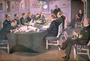 Admiral Sir David Beatty liest den deutschen Delegierten an Bord der HMS Queen Elizabeth in Rosyth die Bedingungen des Waffenstillstands vor