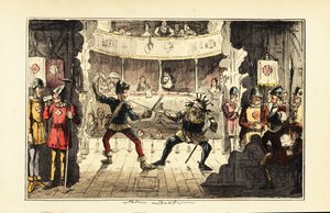 Schauspieler spielen Heinrich Tudor, der gegen König Richard III. von England auf einer Theaterbühne kämpft