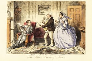 Englischer Gentleman, der in einem Salon vor dem Kamin mit seinen empörten Eltern faulenzt von John (after) Leech
