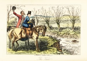 Englischer Jäger und Dame beobachten einen Fuchs, der einen Fluss durchschwimmt von John (after) Leech