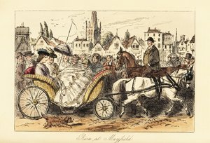 Englische Dame im Reifrockkleid mit Sonnenschirm fährt in einem von Ponys gezogenen Korbwagen durch die belebten Straßen einer kleinen Stadt von John (after) Leech