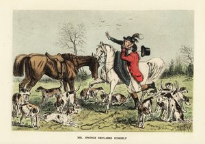 Jäger in Jagdrot umarmt eine Frau auf einem Pferd von John (after) Leech