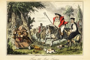 König Heinrich VIII. in viktorianischer Jagdkleidung mit einem Hirtenstab zu Pferd, der einen katholischen Mönch verfolgt, der mit dem Kirchengold flieht