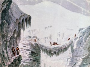 Besteigung des Mont Blanc, Kletterer hängen in einer Gletscherspalte, Aquarell, Frankreich