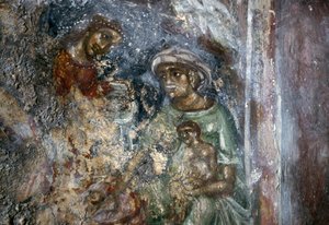 Fresko der Heiligen Familie in der byzantinischen Kirche Ayios Stephanos, Drakona, Kreta, Griechenland