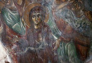 Fresko eines Heiligen in der byzantinischen Kirche Ayios Stephanos, Drakona, Kreta, Griechenland von Walter Charles Mills