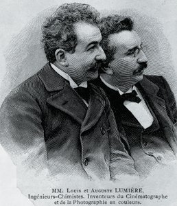 Porträt von Auguste Marie Louis Nicolas Lumiere (1862-1954) und Louis Jean Lumiere (1864-1948), französische Unternehmer und Erfinder des Filmprojektors, Gravur nach Fotografie