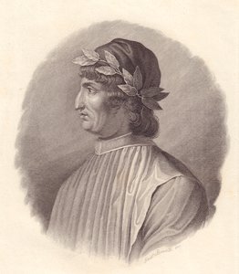 Porträt des italienischen Dichters und Humanisten Angelo Ambrogini, auch bekannt als Poliziano (1454-1494), Kupferstich von G Bonatti