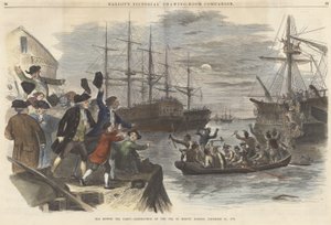 Die Boston Tea Party – Zerstörung des Tees im Hafen von Boston, 16. Dezember 1773, aus Ballous Pictorial Drawing-Room Companion, veröffentlicht 1865