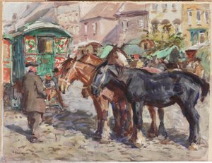 Schwarzes Pferd mit Häusern im Hintergrund von John Atkinson