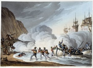 Landung von Truppen, frühes 19. Jahrhundert in „Historical, Military and Naval Anecdotes...“ von Edward Orne