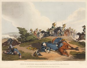 Prinz Blücher unter seinem Pferd in der Schlacht von Waterloo, als die französische Kavallerie über ihn hinweg angriff, graviert von M. Dubourg, 1819