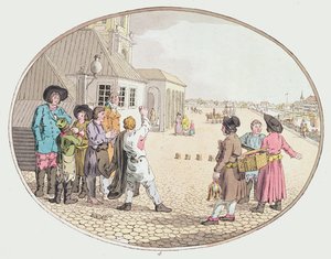 Russische Dorfszene, frühes 19. Jahrhundert (handkolorierte Radierung)