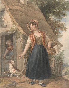 Junge Frau mit Hund vor einer Hüttentür von John Augustus Atkinson