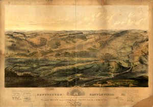 Schlachtfeld von Gettysburg. Schlacht bei Gettysburg, Pa., 1., 2. und 3. Juli 1863 von den Bundes- und Konföderierten Armeen, jeweils kommandiert von Genl. G. G. Meade und Genl. Robert E. Lee von John Bachelder
