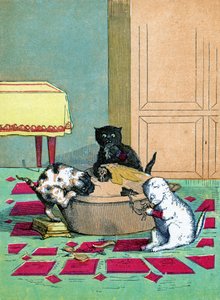 Drei kleine Kätzchen mit Fäustlingen essen einen Kuchen, Illustration aus "Three Little Kittens" von John Ballantyne