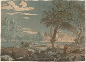 Heroische Landschaft mit Wagen und Ziegenhirte, mit San Giorgio Maggiore im Hintergrund von John Baptist Jackson after Marco Ricci