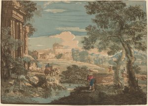 Heroische Landschaft mit Fischer, Kühen und Reitern