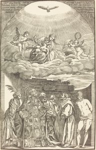 Die Jungfrau in den Wolken und sechs Heilige von John Baptist Jackson after Titian