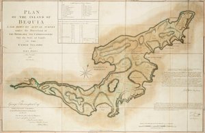 Plan der Insel Bequia, erstellt durch tatsächliche Vermessung unter der Leitung der ehrenwerten Kommissare für den Verkauf von Land in den abgetretenen Inseln von John Byres, Hauptvermesser, 1776 von John Bayly
