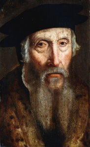 Porträt eines bärtigen Mannes, Brustlänge, in einem pelzbesetzten Mantel und schwarzem Hut, ca. 1547