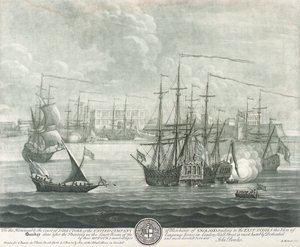 Ansicht von Bombay (Indien), gewidmet dem Direktor der British East India Company. Gravur von John Bowles (?)