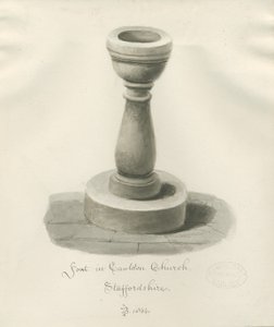 Taufbecken in der Cauldon Kirche: Sepia-Zeichnung
