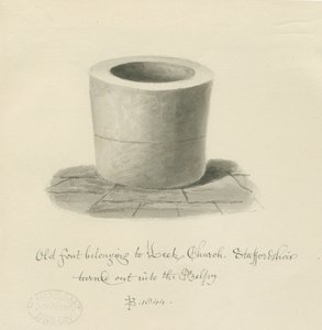 Taufbecken in der Leek Church: Sepia-Zeichnung von John Buckler