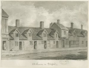Stafford - Alte Häuser [in der Eastgate Street]: Sepiazeichnung, 1844 von John Buckler