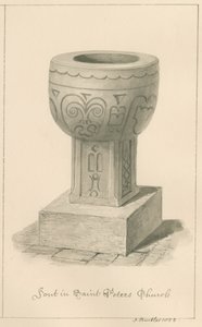 Worcestershire - Droitwich - Taufbecken der St. Peter Kirche: Sepiazeichnung, 1833 von John Buckler