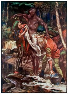 Narr und Want-Wit waschen den Äthiopier aus The Pilgrims Progress From This World, To That Which Is To Come von John Bunyan (1628-1688) Illustration von Byam Shaw (1872-1919)