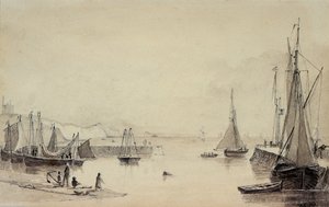 Hafen von Folkestone mit Schiffen, Shakespeares Klippe in der Ferne, 19. Jahrhundert