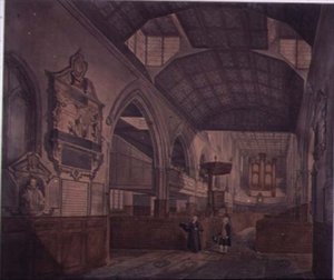 Innenansicht der Kirche St. Giles, Cripplegate, Blick nach Westen, zeigt das Denkmal von Constance Whitney