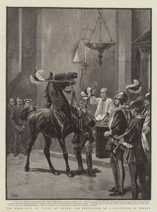 Das Pferderennen oder Palio in Siena, die Segnung eines Teilnehmers in der Kirche