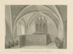 Innenraum der Kathedrale von Lichfield - Konsistorium: Sepia-Zeichnung von John Chessell Buckler