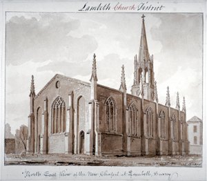 Nordostansicht der Kirche St. Mary the Less, Lambeth Butts, London, 1828 von John Chessell Buckler