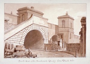 Blick auf das südliche Ende der Southwark-Brücke von Bankside, Southwark, London, 1828 von John Chessell Buckler