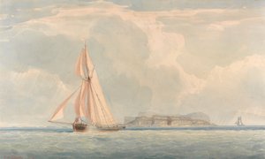Boot segelt nach links mit Insel im Hintergrund