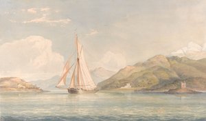 Boot segelt nach links mit Bergen im Hintergrund von John Christian Schetky